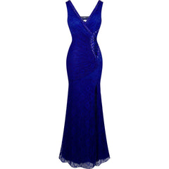 V-Neck Lace Sheer Evening Dress Women Elegant Long Prom Wedding Guest Party Fashion