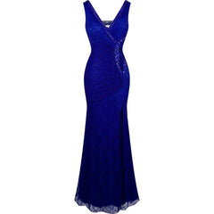 V-Neck Lace Sheer Evening Dress Women Elegant Long Prom Wedding Guest Party Fashion