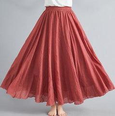 High Waist Cotton Linen Maxi Skirt Women Elastic Double Layer Casual Comfortable Summer Fashion