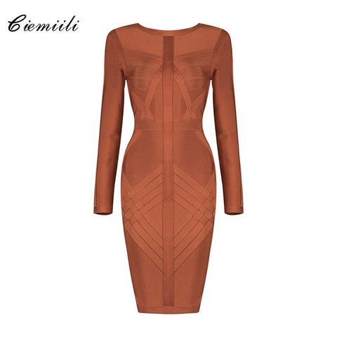 Long Sleeve Bandage Bodycon Mini Dress Women O-Neck Back Zip Elegant Party Fashion Dress