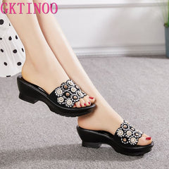 Rhinestone Wedge Sandals Women Genuine Leather Slides Casual Elegant Summer Beach Vacation Shoes