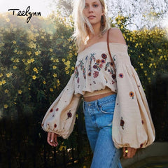 Off Shoulder Floral Embroidery Boho Blouse Women Casual Elegant Spring Summer Fashion Top