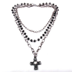 Black Glass Rosary Cross Pendant Necklace Chain Link Elegant Fashion Jewelry Gift