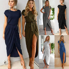 Oversized Midi Dress Women Chic O-Neck Short Sleeve Elegant Party Casual Fashion Dress