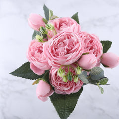 Artificial Rose Bouquet 5 Heads 4 Buds Faux Flowers Home Wedding Decor Gift Arrangement