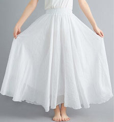 High Waist Cotton Linen Maxi Skirt Women Elastic Double Layer Casual Comfortable Summer Fashion