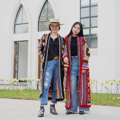Long Sleeve Handmade Knit Maxi Coat Women Native Style Casual Warm Winter Outerwear