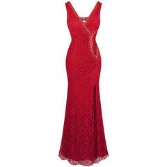 V-Neck Lace Sheer Evening Dress Women Elegant Long Prom Wedding Guest Party Fashion