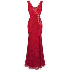 V-Neck Lace Sheer Evening Dress Women Elegant Long Prom Wedding Guest Party Fashion