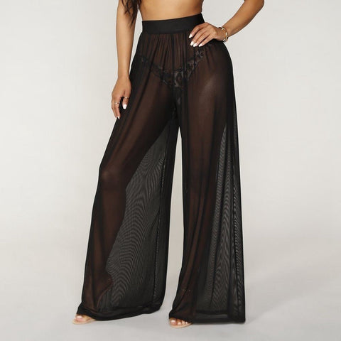 High Waist Sheer Mesh Wide Leg Pants Women Beach Loose Casual Summer Cover Up Fashion