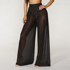 High Waist Sheer Mesh Wide Leg Pants Women Beach Loose Casual Summer Cover Up Fashion