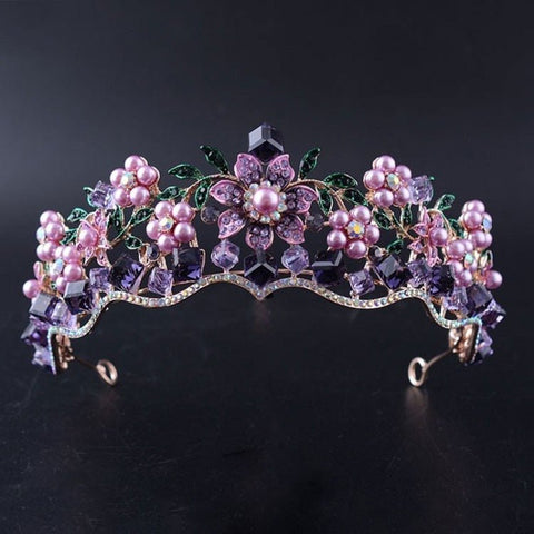 Baroque Purple Crystal Pearl Bridal Crown Tiara Women Luxury Elegant Wedding Fashion Gift