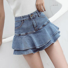 High Waist Denim Ruffle Mini Skirt Girls Teen Built-In Jean Shorts Casual Summer Fashion