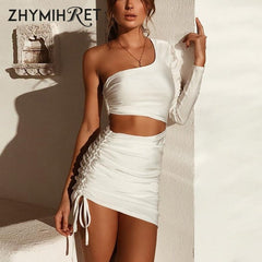 One Shoulder Long Sleeve Mini Dress Women Ruched Waist Hollow Out Club Party Chic Fashion Dress