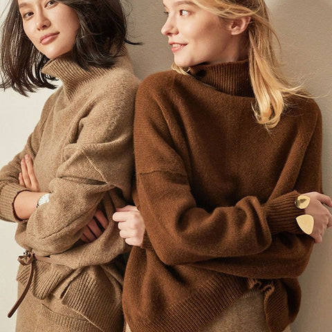 High Neck Cashmere Sweater Women Loose Thick Pullover Knit Warm Elegant Winter Fashion Top