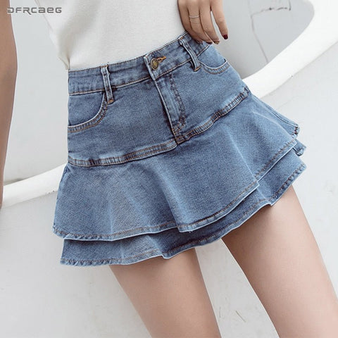 High Waist Denim Ruffle Mini Skirt Girls Teen Built-In Jean Shorts Casual Summer Fashion