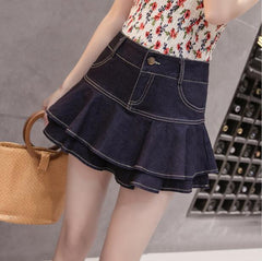 High Waist Denim Ruffle Mini Skirt Girls Teen Built-In Jean Shorts Casual Summer Fashion