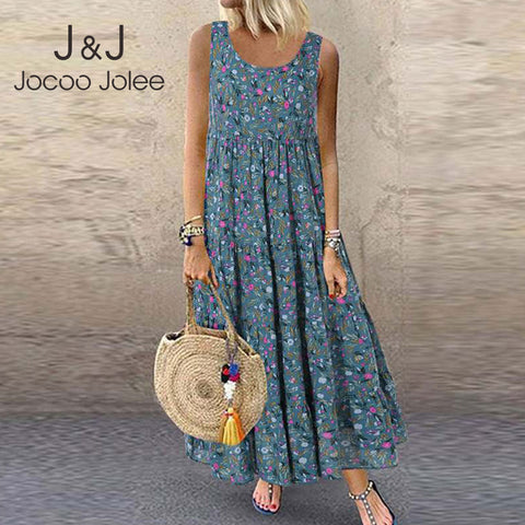 Plus Size Floral Print Maxi Tank Dress Women Casual Loose Beach Vacation Summer Fashion