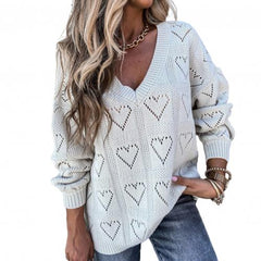 Women’s V-Neck Love Heart Hollow Casual Knit Sweater white