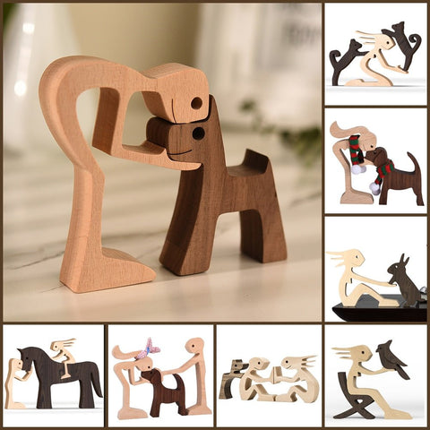 Wooden Dog Figurine Sculpture Family Puppy Table Ornament Home Office Decor Gift