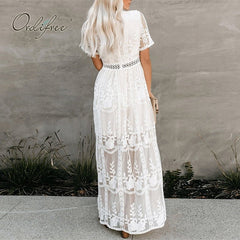 White Lace Embroidered Maxi Beach Dress Women Loose Long Tunic Casual Summer Fashion