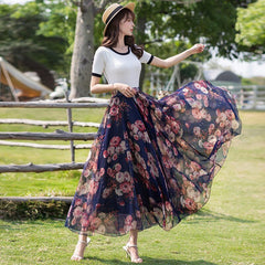 Floral Chiffon Maxi Skirt Women A-Line Elegant Fairy Ankle Length Casual Summer Fashion