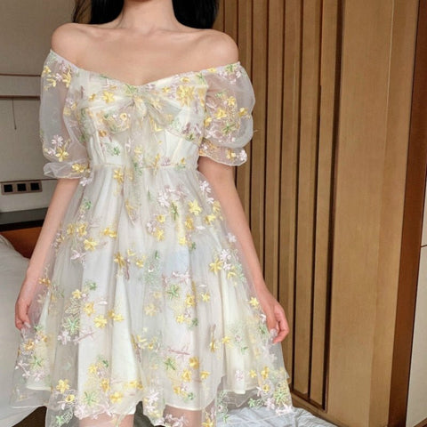 Puff Sleeve Lace Chiffon Midi Dress Women French Fairy Daisy Sage Elegant Casual Summer Fashion