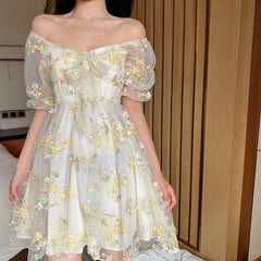 Puff Sleeve Lace Chiffon Midi Dress Women French Fairy Daisy Sage Elegant Casual Summer Fashion