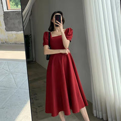 Puff Sleeve Vintage Midi Dress Women Casual Short Sleeve Elegant Spring Summer Fashion Dress
