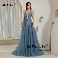 V-Neck Backless Evening Gown Women Gray Blue Elegant Sleeveless Long Prom Wedding Guest