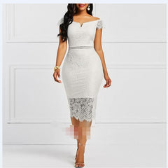 Off Shoulder Lace Bodycon Midi Dress Women Elegant Office Sheath Casual Party Fashion Dress