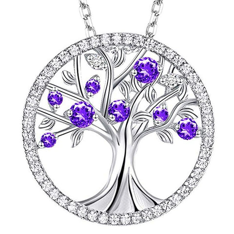 Tree of Life Pendant Necklace Women Purple Green Cubic Zirconia Elegant Jewelry Gift