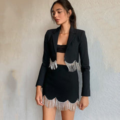 High Waist Rhinestone Tassel Suit Jacket & Mini Skirt Set Women 2-Piece Elegant Party Fashion