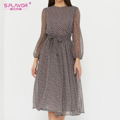 Long Sleeve Polka Dot Print Chiffon Midi Dress Women Elegant Casual Party Fashion Dress