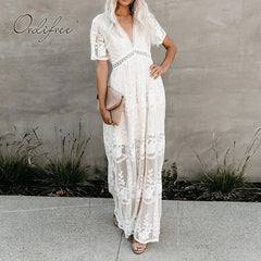 White Lace Embroidered Maxi Beach Dress Women Loose Long Tunic Casual Summer Fashion