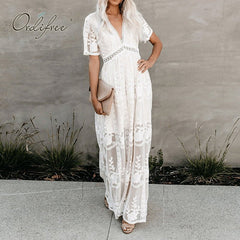 White Lace Embroidered Maxi Beach Dress Women Loose Long Tunic Casual Summer Fashion