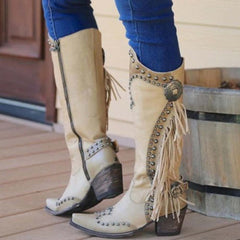 Vintage Tassel Cowboy Boots Women Knight Style Casual Elegant Fashion Shoes