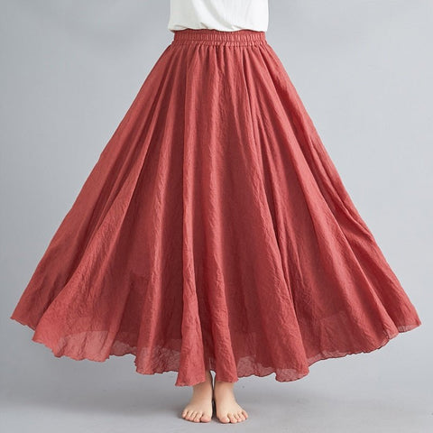 High Waist Cotton Linen Maxi Skirt Women Elastic Double Layer Casual Comfortable Summer Fashion