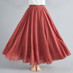 High Waist Cotton Linen Maxi Skirt Women Elastic Double Layer Casual Comfortable Summer Fashion