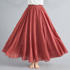High Waist Cotton Linen Maxi Skirt Women Elastic Double Layer Casual Comfortable Summer Fashion