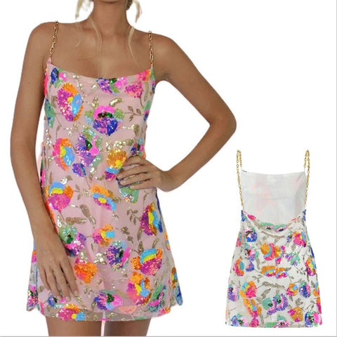 Sequin Chain Suspender Mini Dress Women V-Neck Backless A-Line Casual Summer Party Fashion