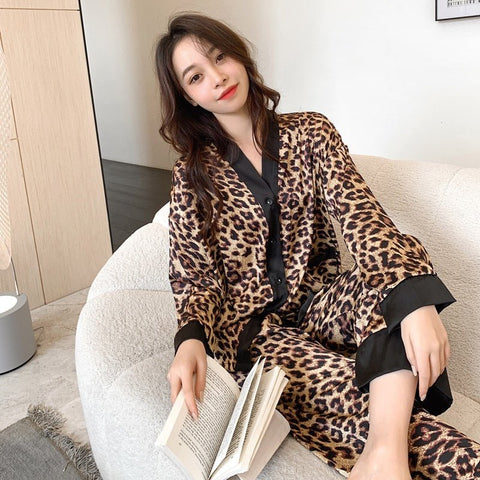 Leopard Print Silk Pajama Set Women Luxury Sleepwear Casual Loungewear Fashion