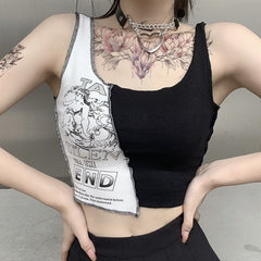 Y2K Patchwork Punk Crop Top Women Gothic Tank Sleeveless Casual Streetwear Fashion Top