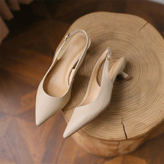 Slingback Pumps Women Genuine Leather Thin Low Heel Pointed Toe Elegant Casual Fashion Shoes