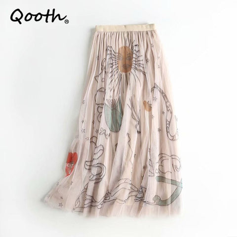 High Waist Floral Print Tulle Midi Skirt Women Mesh Pleated Elegant Spring Summer Fashion