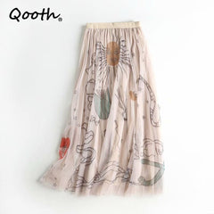 High Waist Floral Print Tulle Midi Skirt Women Mesh Pleated Elegant Spring Summer Fashion
