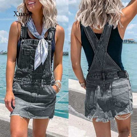 Denim Bib Overall Mini Dress Women Casual Front Pockets Blue Gray Camouflage Everyday Fashion