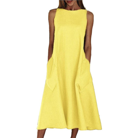 Sleeveless Vintage Midi Dress Women Loose Casual Pockets Beach Vacation Summer Fashion Dress