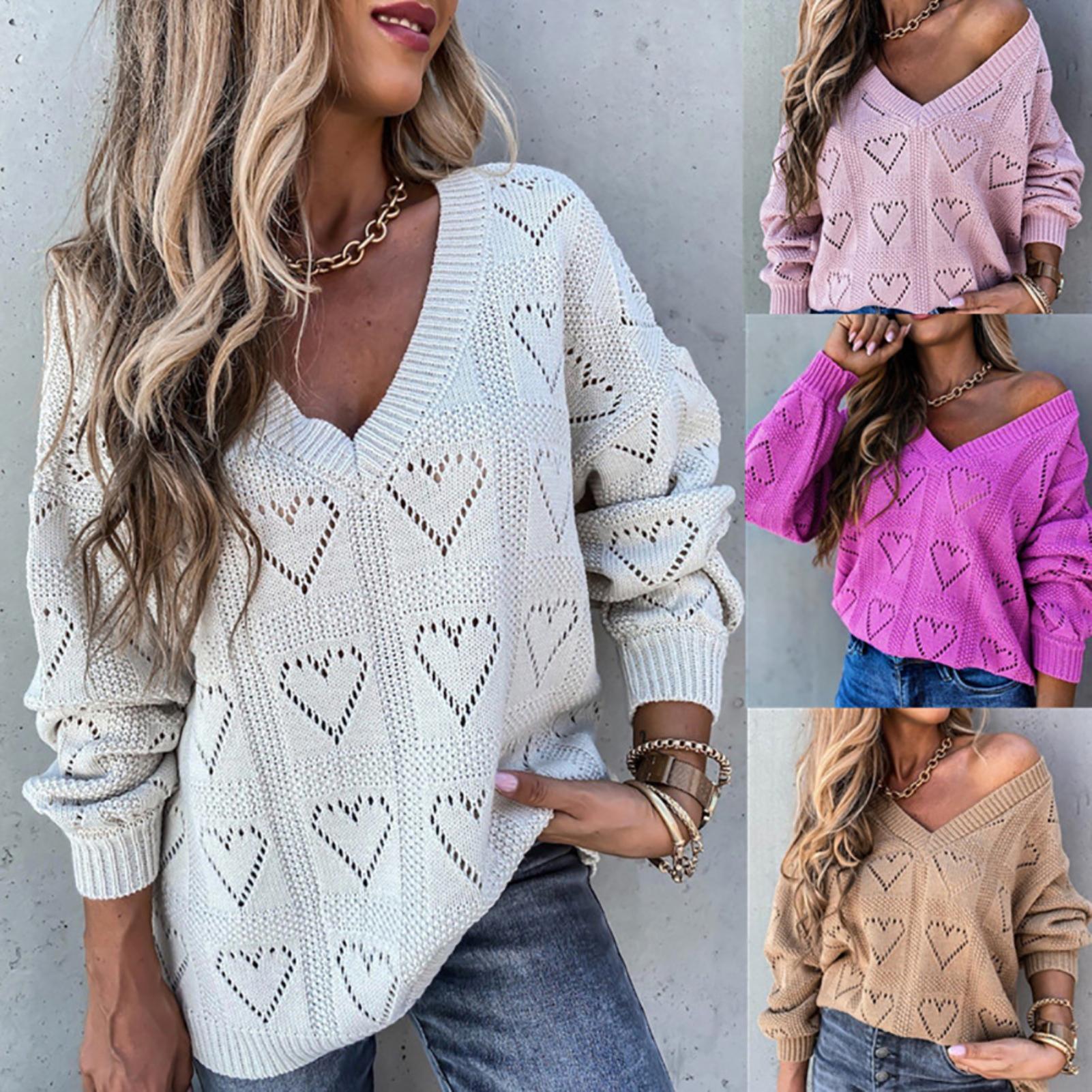 A collage of four images showcasing a crochet heart-shaped sweater in different colors: white, pink, brown, and pigeon gray. The sweater features a V-neck design and a front view with heart patterns.