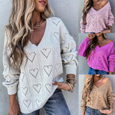 A collage of four images showcasing a crochet heart-shaped sweater in different colors: white, pink, brown, and pigeon gray. The sweater features a V-neck design and a front view with heart patterns.